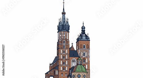 Ornate brick church with towering spires and a green dome