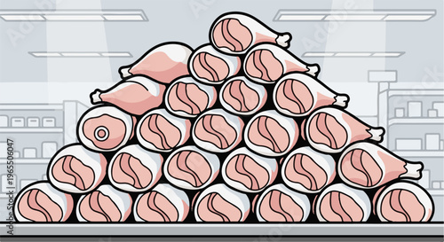 A large, stacked pile of raw meat pieces and drumsticks in a refrigerator
