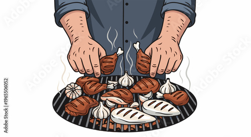 Person grilling chicken and garlic on a barbecue grill