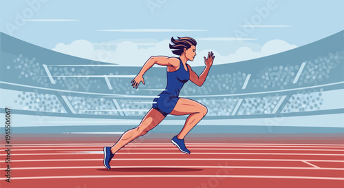 Woman sprinter races on track at stadium, dynamic movement, athletic stance