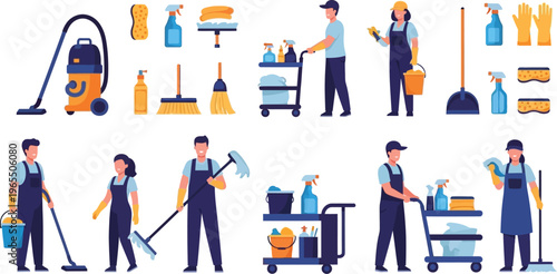 Various cleaning staff and professional janitorial equipment displayed.