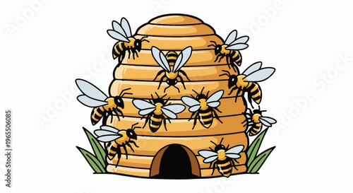 A lively beehive teems with buzzing insects amidst lush green grass
