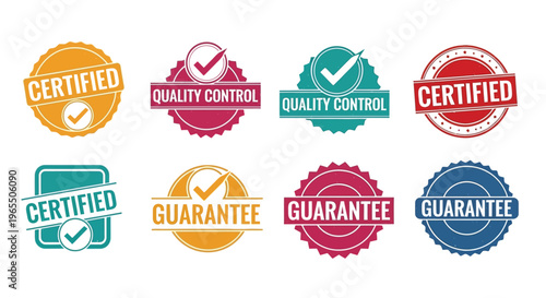 Collection of colorful certified quality control and guarantee badges and seals