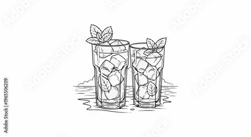 Two tall glasses filled with ice cubes and mint sprigs