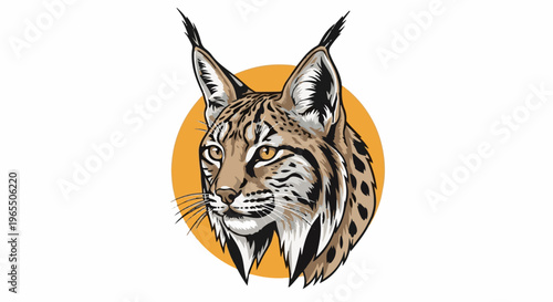 A stylized illustration of a lynx's face against a circular orange background