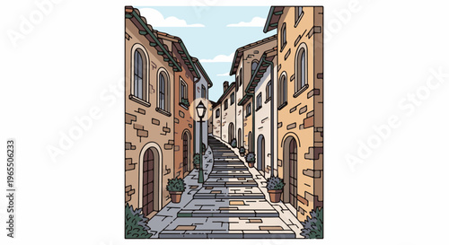 A charming, sun-dappled stone staircase lined with potted plants and buildings