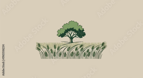 A stylized green tree stands tall amidst a field of waving wheat stalks