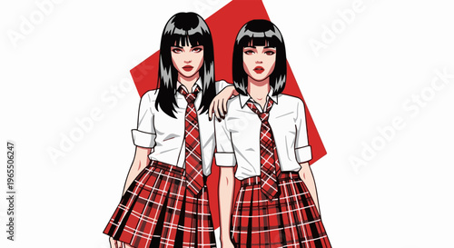 Two stylized pixel art anime girls in school uniforms, red plaid skirts, white shirts