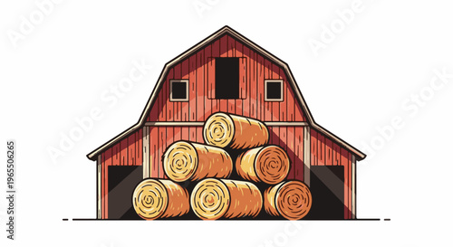A stylized red barn with a large pile of hay bales in front