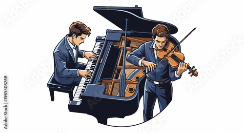 Two men in suits playing classical instruments, a grand piano and violin