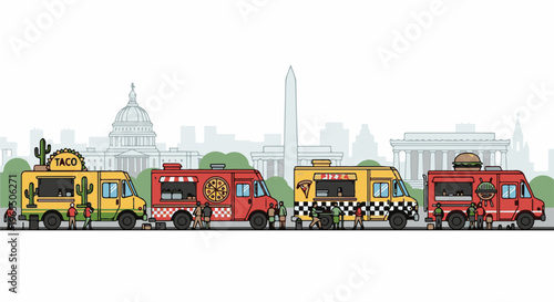 A cityscape with food trucks lined up with people ordering food