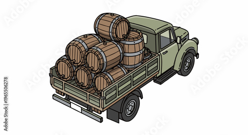A vintage truck carries a stacked load of wooden barrels