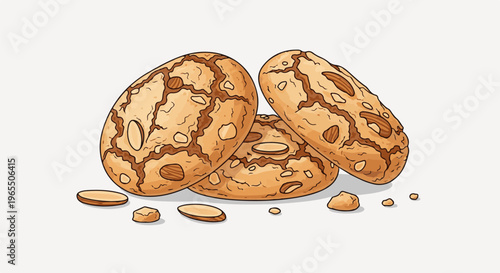 A group of three oval-shaped almond cookies with scattered crumbs