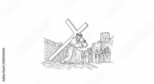 A man carries a large wooden cross on a stone path near a walled city with towers