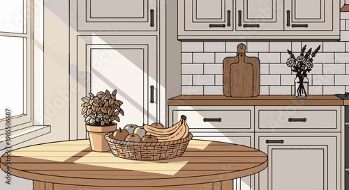 A still life of a fruit basket, plant, and flowers in a sunlit kitchen