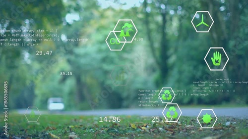 Hex overlay updating environmental metrics while van entering road and overlapping passing cars