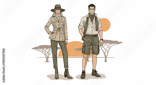 Stylish couple dressed for an African safari adventure with acacia trees