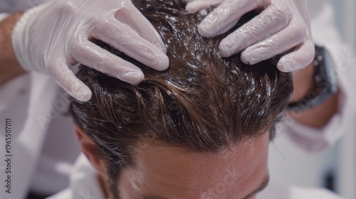 Hands in gloves applying treatment on man's hair and scalp