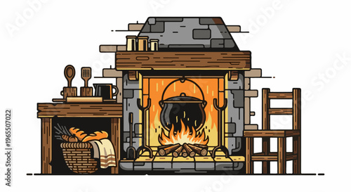 Cozy fireplace with cooking pot, hearthside, and rustic kitchen setup