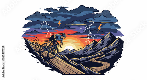 Cyclist braves a stormy mountain descent at sunset