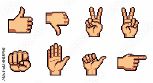 Pixelated hands show thumbs up, down, peace, fist, open, and pointing gestures