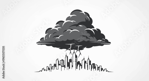 Dark storm clouds loom ominously over a stylized city skyline with lightning strikes