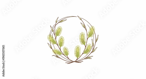 Delicate wreath of light green buds on thin brown branches, forming a circle