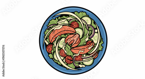 Delicious salad with salmon, cucumber, tomato, onion, and creamy dressing in a blue bowl