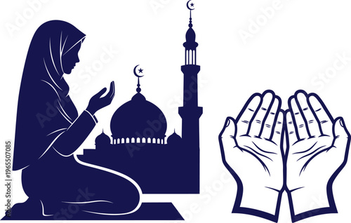 Islamic woman in hijab praying with mosque and open hands in supplication