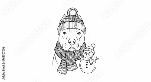 Dog wearing winter hat and scarf with a snowman