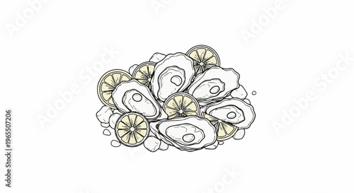 Fresh oysters and lemon slices artfully arranged on ice