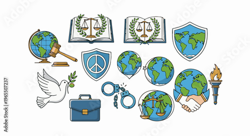Global peace, justice, and diplomacy symbols illustrated