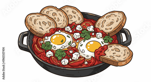 Hearty breakfast dish with two fried eggs in tomato sauce with cheese and bread