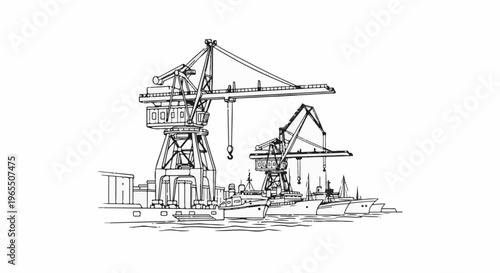 Illustration of a shipyard with large cranes and docked ships