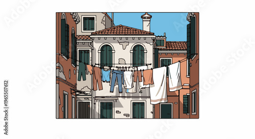 Laundry hangs on clotheslines between rustic buildings under blue sky