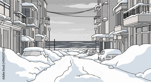 Snow-covered street in a monochrome city with the ocean in the background