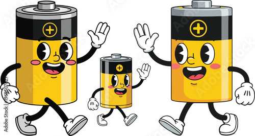 Vintage rubber hose battery characters, retro cartoon alkaline battery family walking and waving, 1930s style mascot vector set