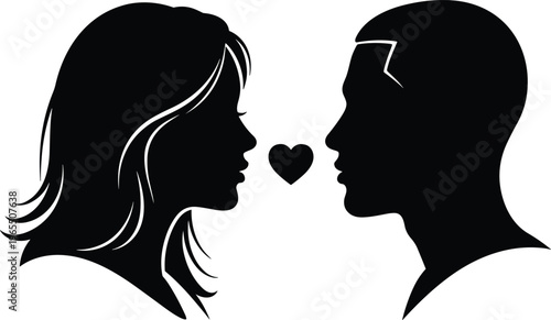 Romantic face silhouette, couple profile icon, love connection graphic design, affection symbol illustration, relationship emblem, intimacy concept representation