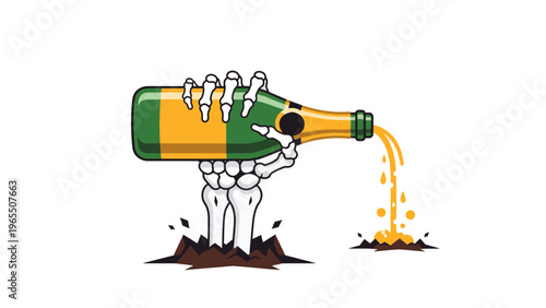 Skeleton Hand Pouring Champagne Bottle Vector Illustration for Halloween Party Invitation or Spooky Celebration Design