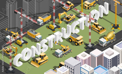 Construction site with machinery and city buildings. Urban development, building industry, architecture and engineering concept vector isometric  illustration