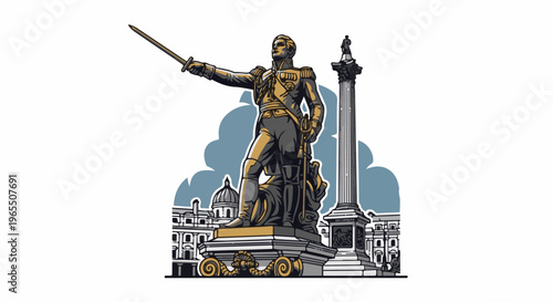 Monumental statue with sword pointed skyward, beside tall column