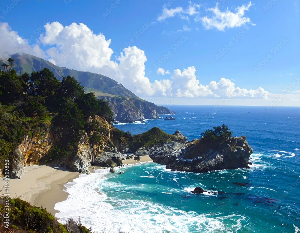 Fototapeta premium A scenic coastal landscape with rugged cliffs, sandy beach, and turquoise ocean