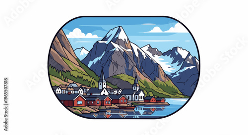 Pixel art village nestled by snowy peaks and calm blue water