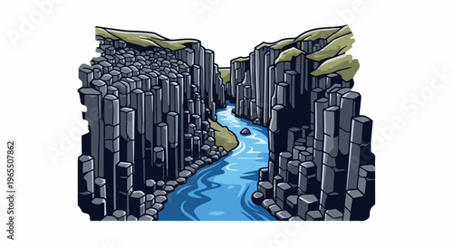 Pixelated canyon with a river flowing through basalt columns and green hills