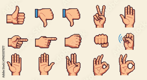 Pixelated hand gestures thumbs up, down, pointing, peace, open, fist, okay, and rock