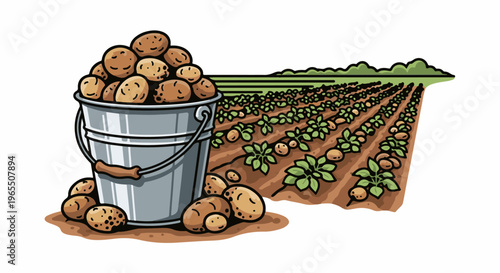 Bucket overflowing with potatoes next to a field of growing potato plants
