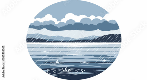 Round illustration of rain falling on a serene lake and distant mountains