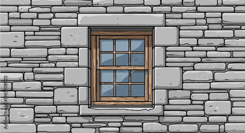 Rustic stone wall with a multi-paned wooden window