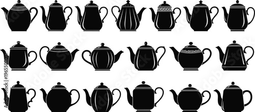 Teapot silhouette collection, tea kettle icon set, kitchenware design graphic, beverage symbol illustration, traditional pottery emblem, drinkware concept