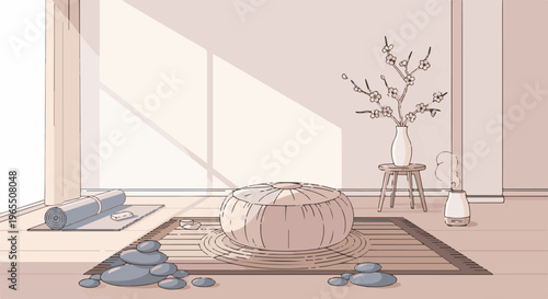 Serene indoor space with meditation cushion, yoga mat, and floral decor